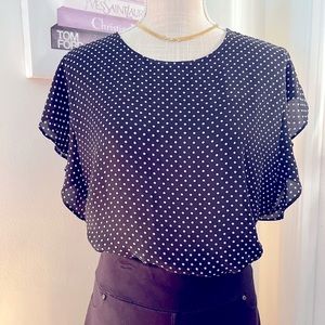 ANN TAYLOR Black Polkadot Ruffle sleeve Sheer Top Size Large